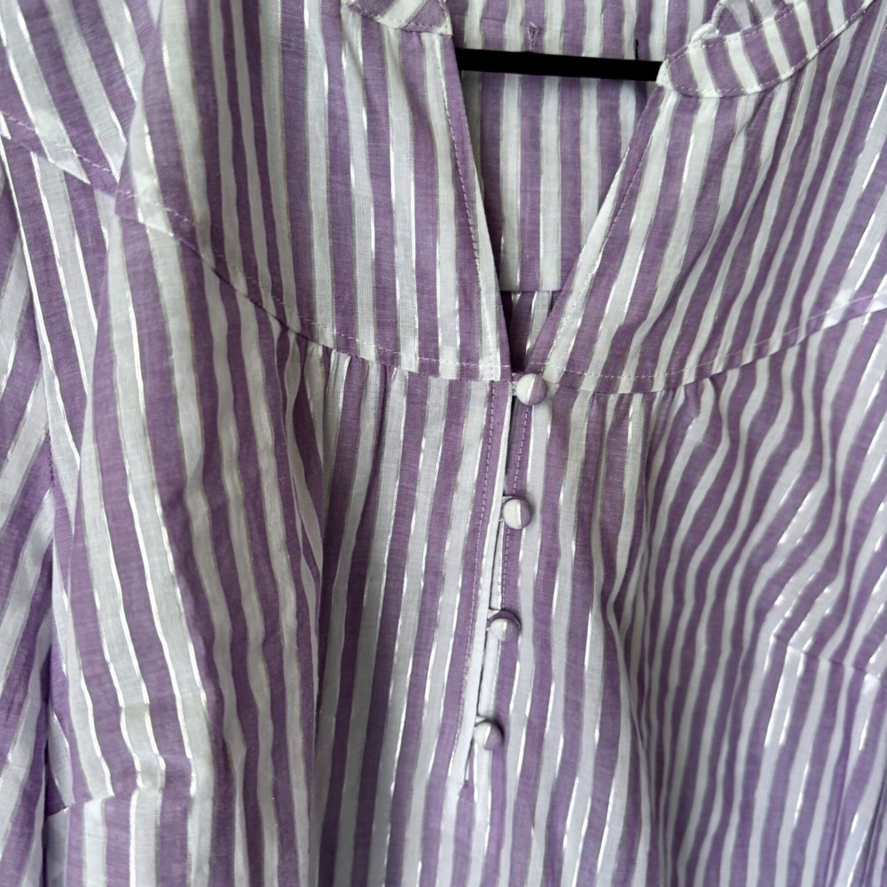 Purple White Striped Metallic Lurex Ruffle Neck Blouse 3/4 Sleeve Top - Picture 3 of 3